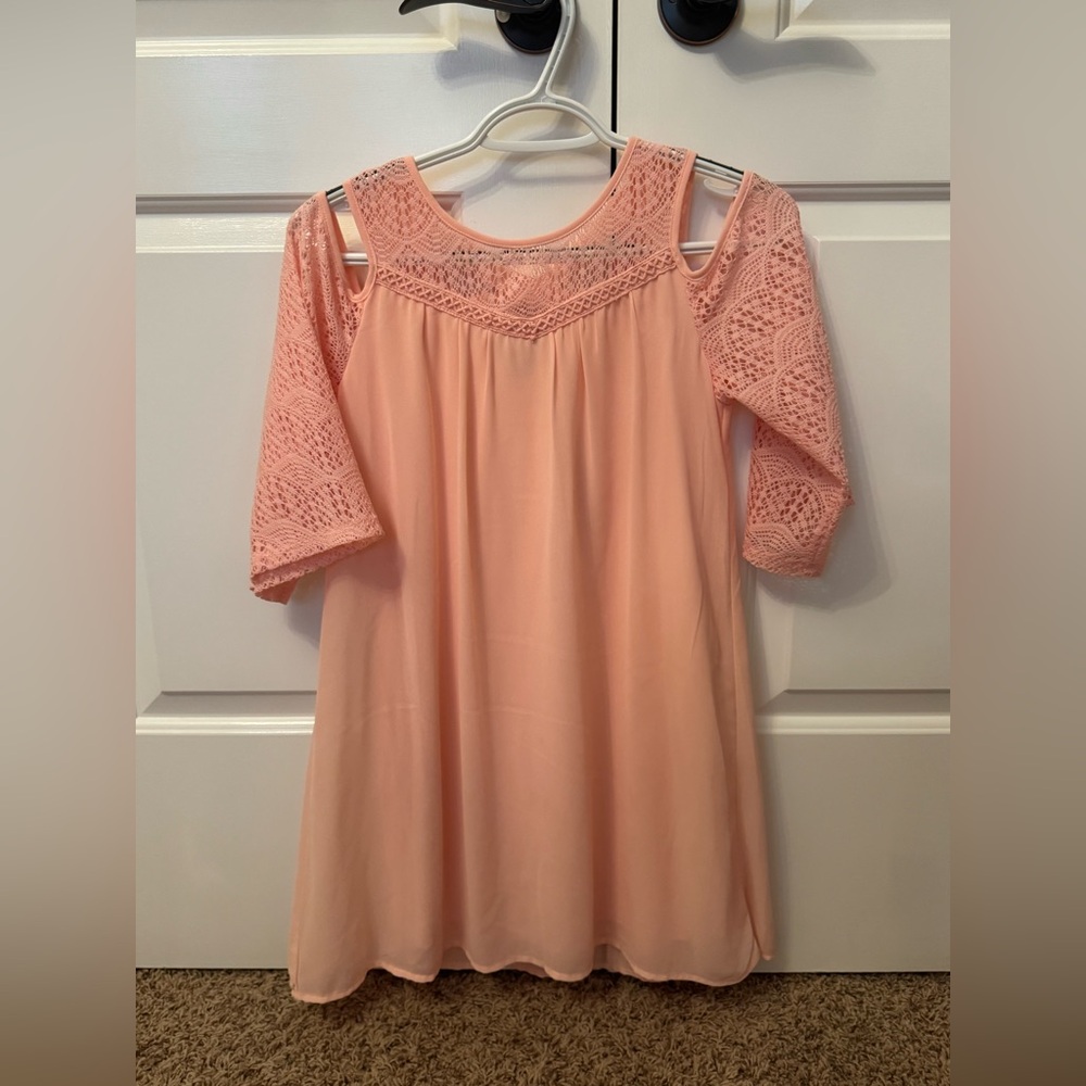 Girls Peach Lace Cold Shoulder Dress